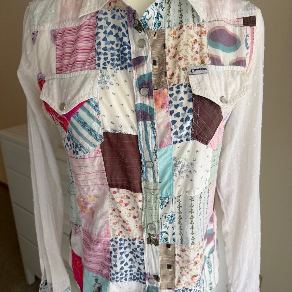 Cimarron Patchwork Pearl Snap Unique Western Boho Blouse Size S/M